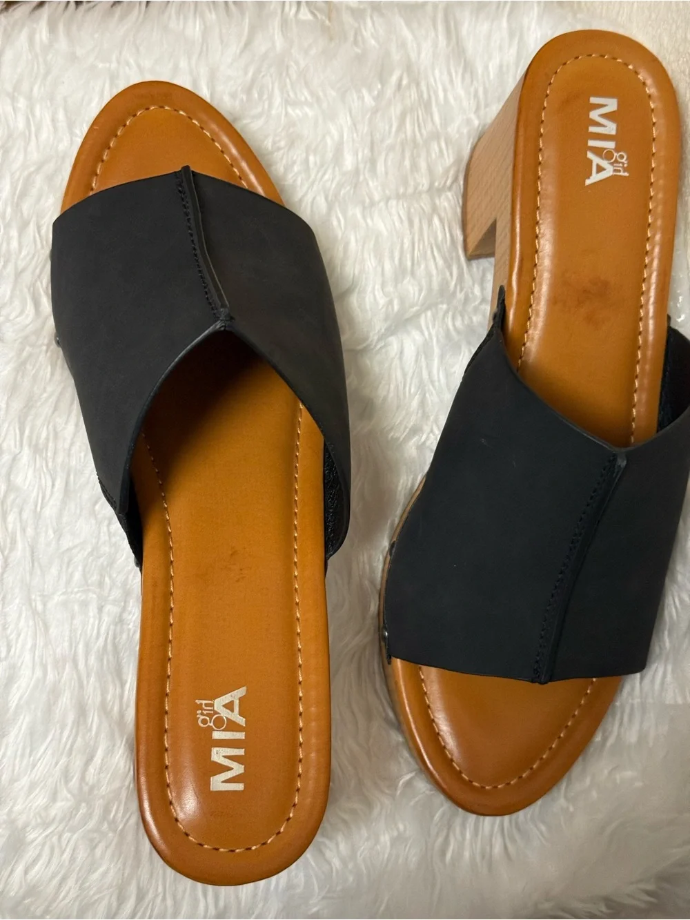 MIA Black Slide Sandals with Wood-Look Block Heel